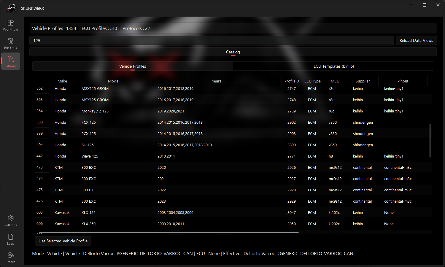 SkunkWerx ECU Flasher library screen