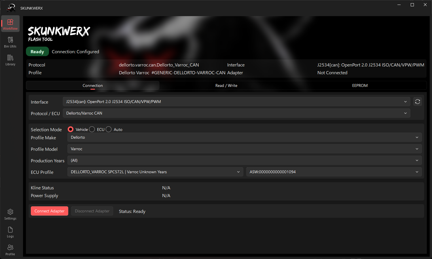 SkunkWerx ECU Flasher workflow screen